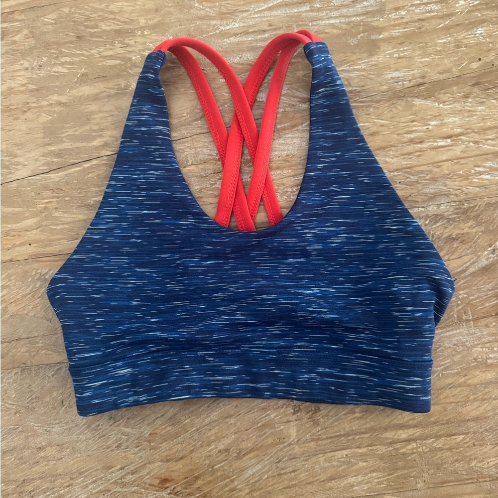 Space-Dye Navy Sports Bra with Red Crisscross Straps